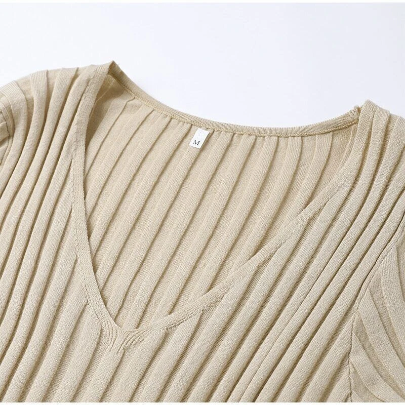 OFF WHITE Abito donna casual scollo a V lavorato a maglia autunno elegante manica lunga bodycon dress