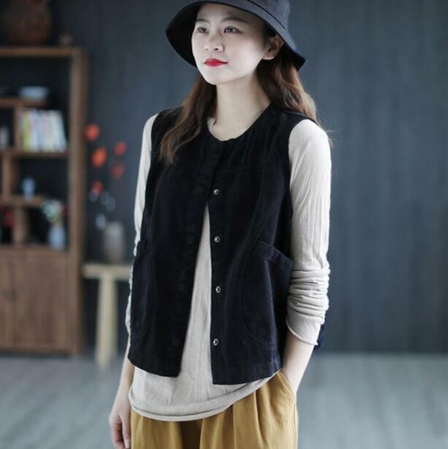 New Women Cotton Vest Casual Button sleeveless Jacket Coat Waistcoat Loose Retro - Picture 3 of 15