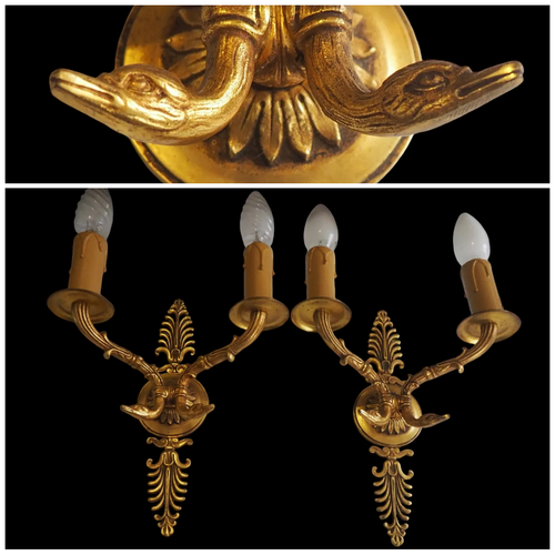 PAAR französische antike Bronze Schwan Empire Stil gold vergoldet Wandleuchten Wandlampen