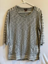 Multiples Ivory Charcoal Black Tunic Top Size Medium Southwest Pockets Split Hem