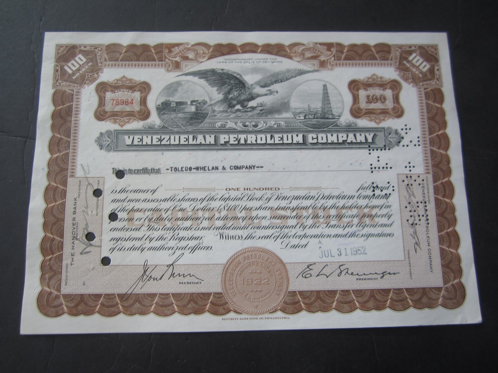 1950s Venezuelan Petroleum Oil Stock Certificate Vintage Collectible