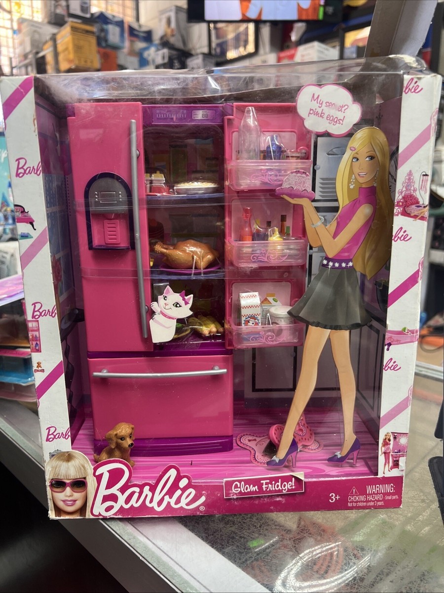 Barbie 2008 Pink Glam Dream Refrigerator Shelves Drawer Dog Doll