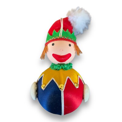 Vintage Celluloid Court Jester Christmas Ornament Clown Doll MCM Silk