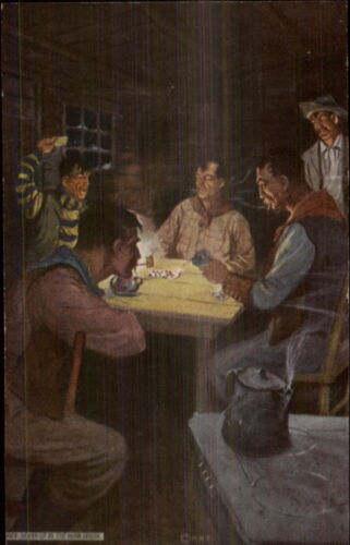 Cowboys in the Bunk House Playing Poker Kettle on Stove c1910 Postcard - Photo 1 sur 1