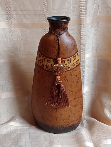 Metal 14" Vase Home Decor Animal Print With Tassel Beaded Accents