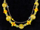 Dual-Strand 24" Yellow Agate and Crystal Necklace. Handmade Beads. Gold LJN66