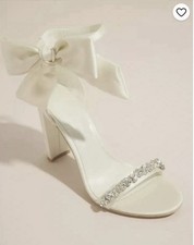 Oleg Cassini Ivory Satin Shoes-Block Heel-Bow-Crystal Strap-Box-7.5
