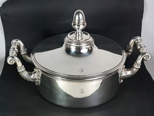 Ancien beau légumier cuivre argenté gravé Globe Crucifère bel état C956