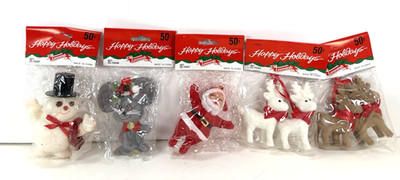 5 Pkg Vtg Felt Flocked SANTA DEER TEDDY BEAR MOUSE Christmas Ornaments Leewards