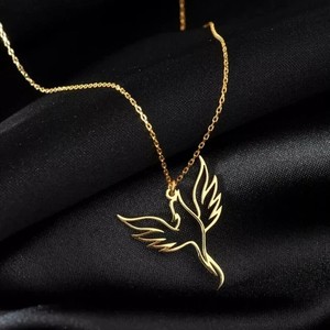 Authentic Phoenix Bird Beauty Pendant Necklace 14K Yellow Gold Plated 925 Sterling Silver