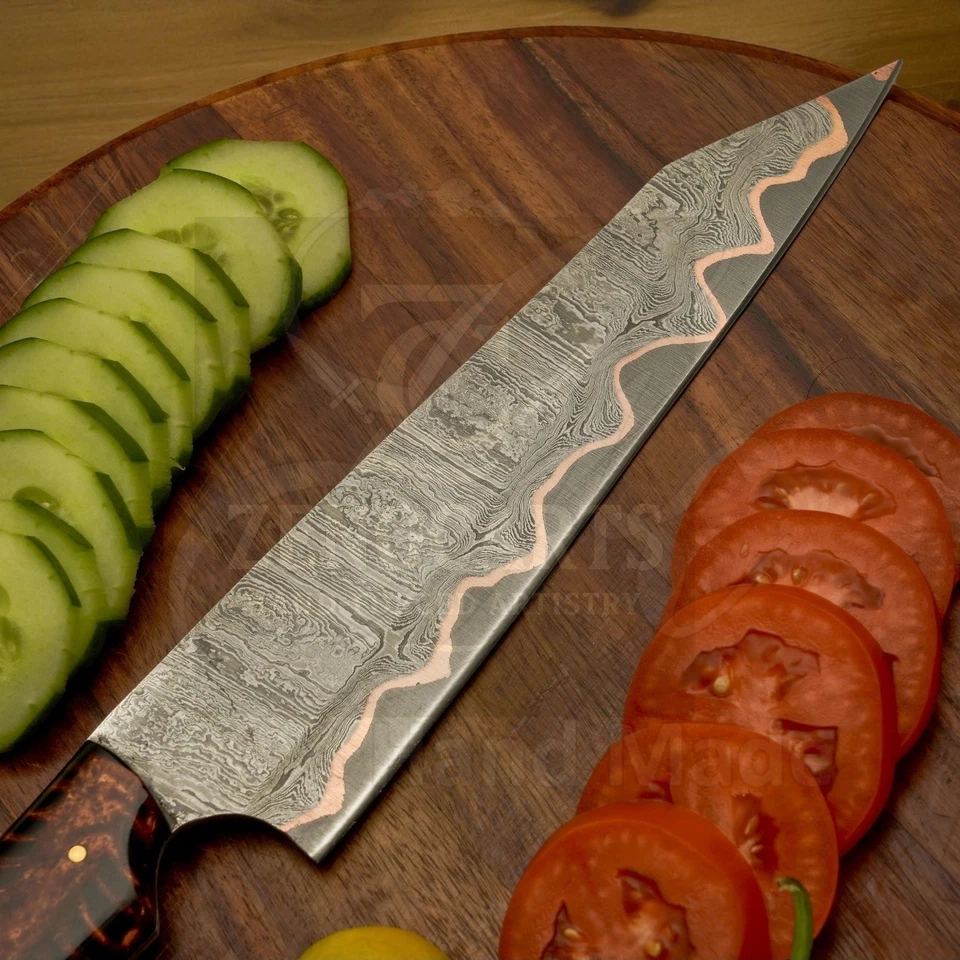 Copper Damascus Chef Knife | Handmade Kitchen Knife | Copper Blade Chef Knife - Image 3 of 4