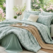 Queen Comforter Set 7 Pieces, Sage Queen 88"x 88" 01 - Sage Green Leaves