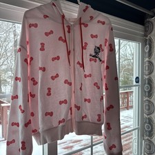 Hello Kitty Women Sanrio Light Pink Zip Up Hoodie Bows Pattern Sz XL