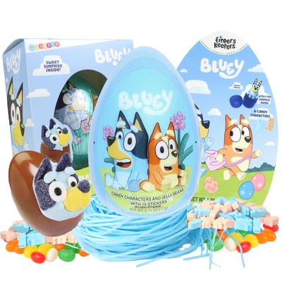 Needzo Bluey Easter Candy Gift Basket FIllers, Edible Grass, Jumbo Egg, Choco...
