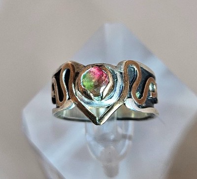 Sterling Silber 2 Ton Shadowbox Wassermelone Turmalin Ring Gr. 6