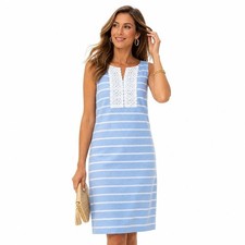 Talbots Blue White Striped Linen Sleeveless Dress Embroidered Crochet Womens 6