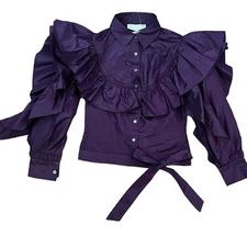 LA FUORI Women Ruffle Long Sleeve Blouse  Sz M Solid Purple Silk Tie Collared