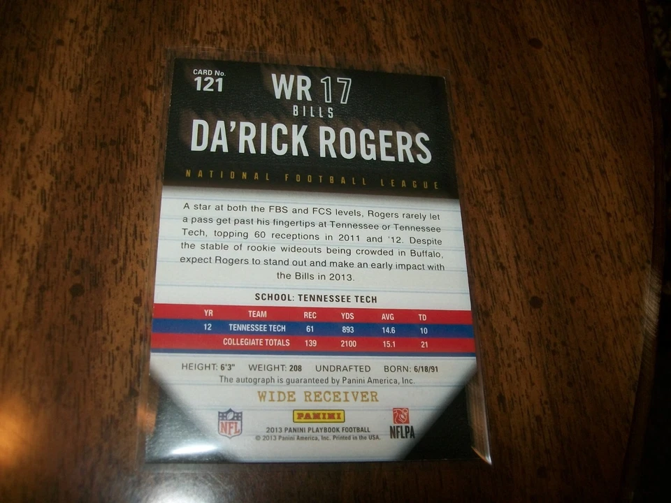 2013 PLAYBOOK RC DA'RICK ROGERS AUTOGRAPH SIGNED AUTO #121 #D/49 BUFFALO BILLS - Image 2 of 2