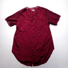 Adonna Nightgown Womens Large Red Floral Lacey Satin Short Sleeve Mini Button Up