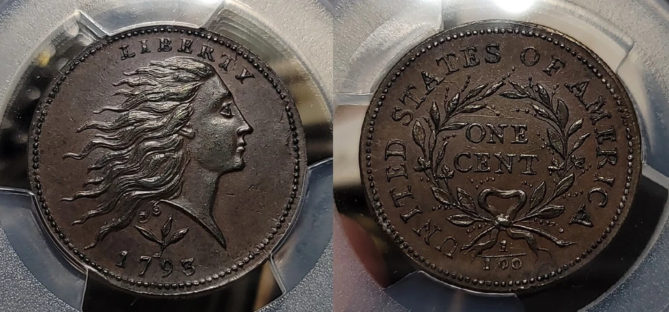 Corona, vid y barras 1793 cabello suelto centavo grande 1c graduación profesional MS 63 BN