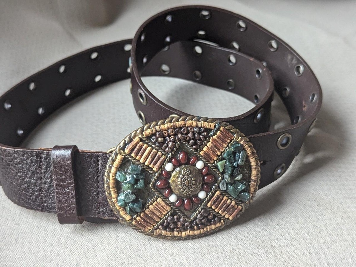 vintage CABI buckle belt STUDDED riveted 34 leather NATIVE