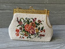 Antique gold plated frame purse floral tapestry beaded purse bag