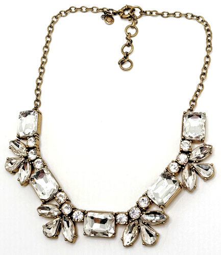 J CREW Rhinestone Bib Necklace Clear Crystal Floral Statement Choker 16" -18"