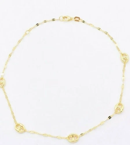 14k Yellow Gold 10" Puffed Anchor Mariner Link Chain Anklet Bracelet 4 MM 1.7gr - Foto 1 di 1