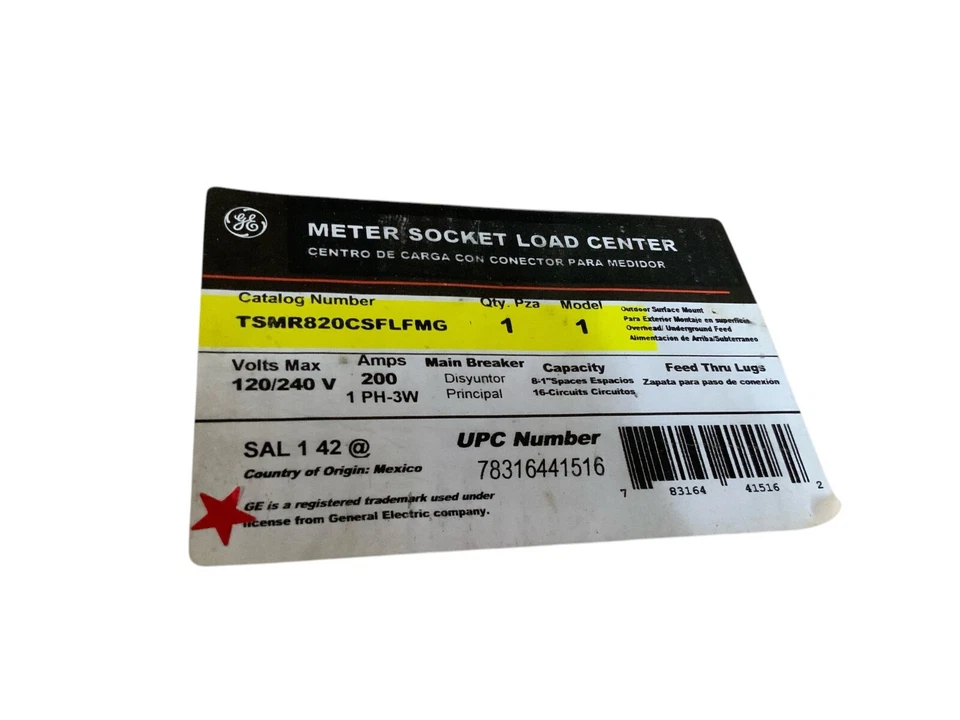 GE Combination Main Breaker Ringless Meter Socket 200 Amp 8-Space 16 Circuit - Image 3 of 3