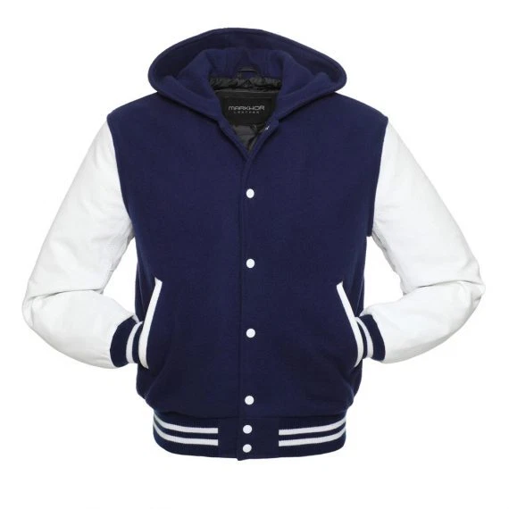 Men's Hooded Letterman Baseball Bomber Moto Biker Blue & White Varsity Jacket
