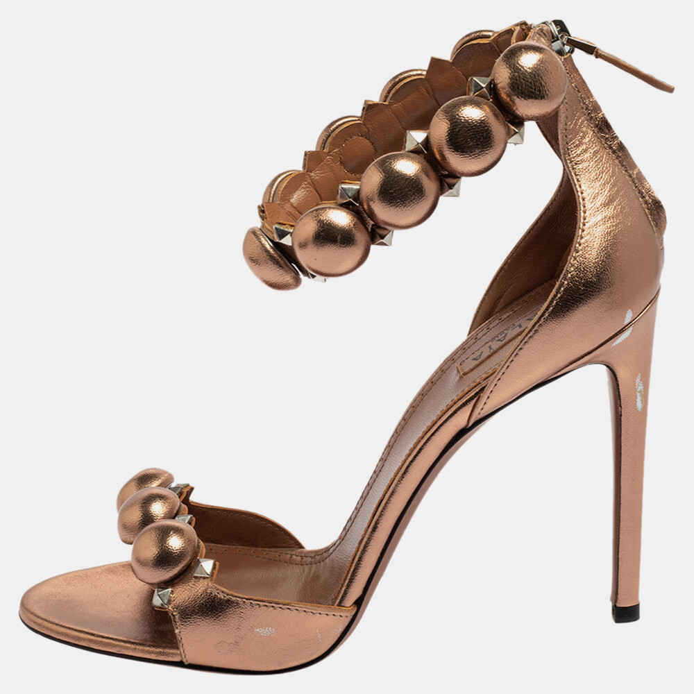 Alaia Metallic Bronze Leather Bombe Ankle Strap Sandals Size Alaia Metallic Bronze Leather Bombe Ankle Strap Sandals Size