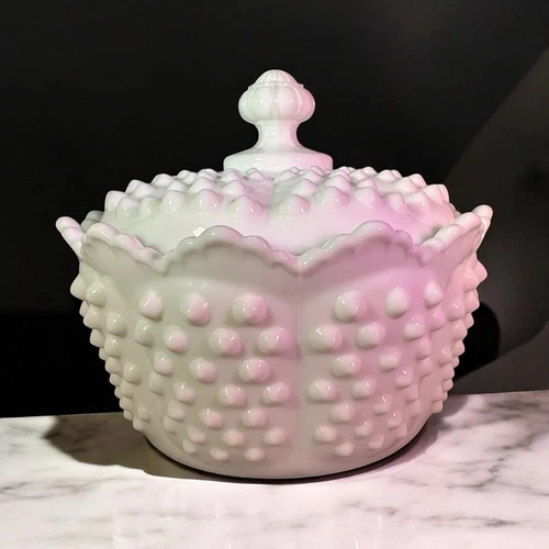 White Fenton Milk Glass Hobnail Candy/ Butter Dish with Lid Vintage