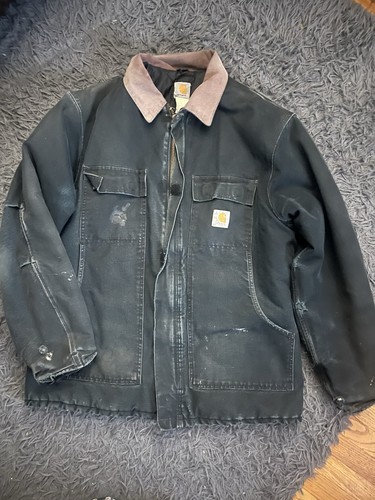 Vintage Carhartt Men's Black Work Jacket Brown Corduroy Collar Size XL 