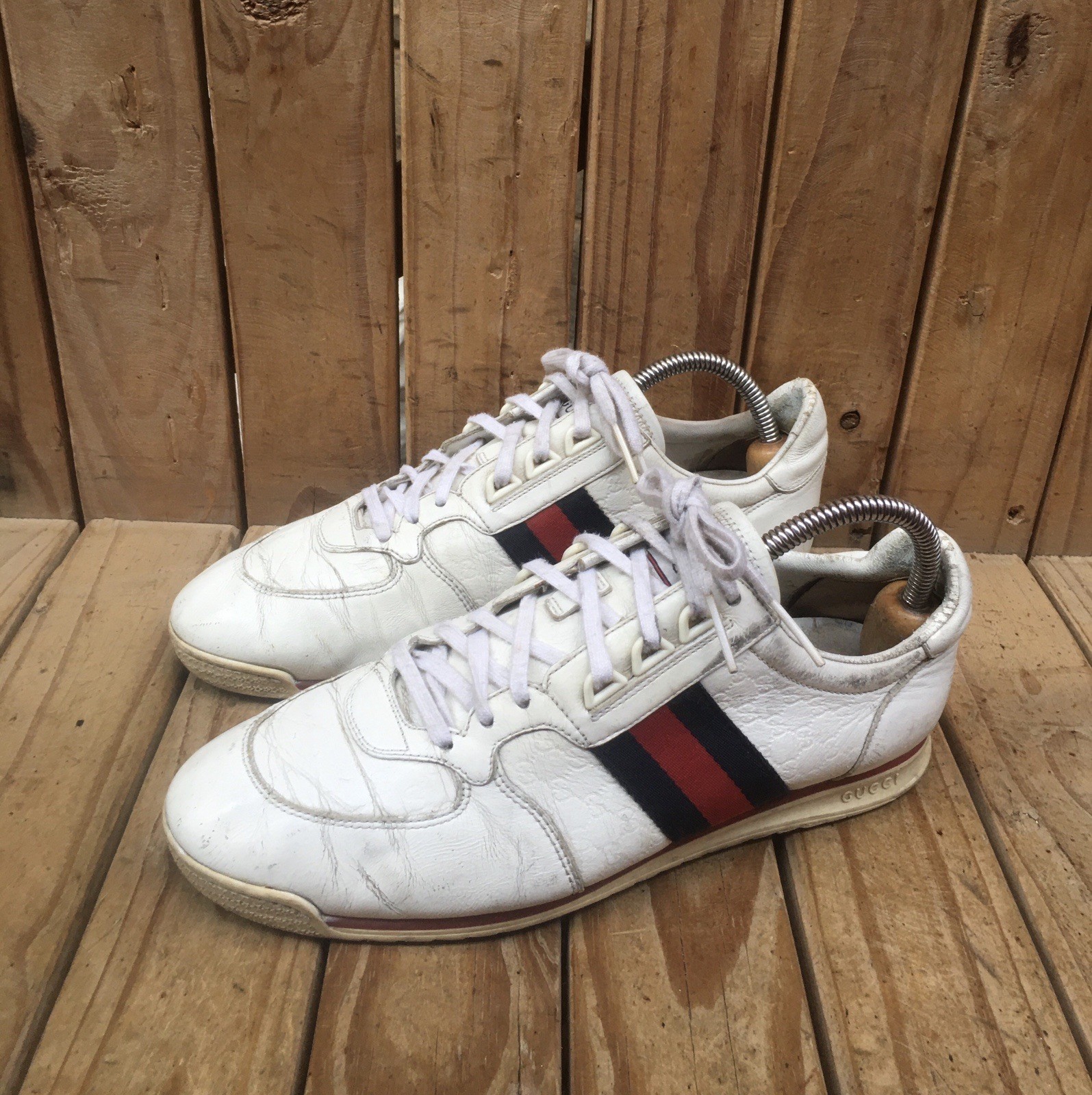 Gucci Guiccissima 233334 blanco web blanco zapatillas de cuero talla UK 7 US ...