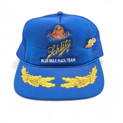 Vintage 80s Schlitz Blue Max Race Team Trucker Hat Snapback Mesh Cap w/ Pin