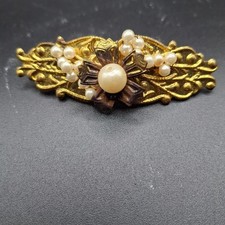 Vintage Gold-Tone Barrette With Faux Pearl Floral Design Intricate Detailing
