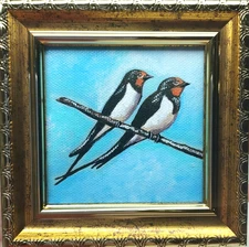 Couple Swallow painting original Bird oil painting Small Gold Frame Artwork Gift