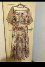 Quiz Cream Floral Chiffon Maxi Dress V-Neck Flutter Sleeve Size 16 Zip