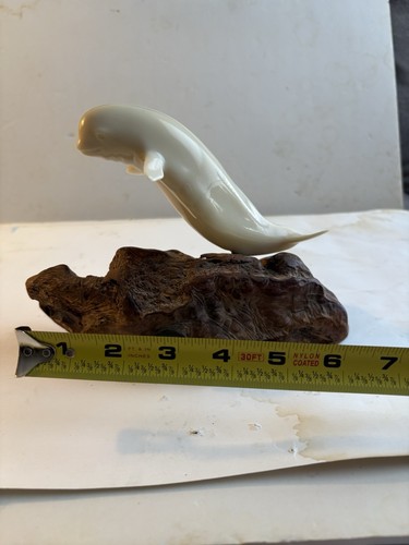 Vntg John Perry White Beluga Whale Sculpture on Burl Wood Sea Life Art Figurine - Picture 13 of 24