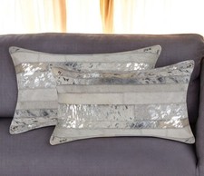 Set of Two 12" X 20" Gray and Silver Striped Cowhide Lumbar Throw Pillows with