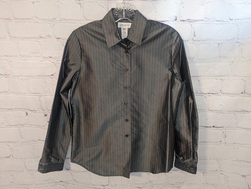 Jones New York Damen 100 % Seide grau Nadelstreifen Knopfleiste Bluse Größe 4P - Bild 1 von 9