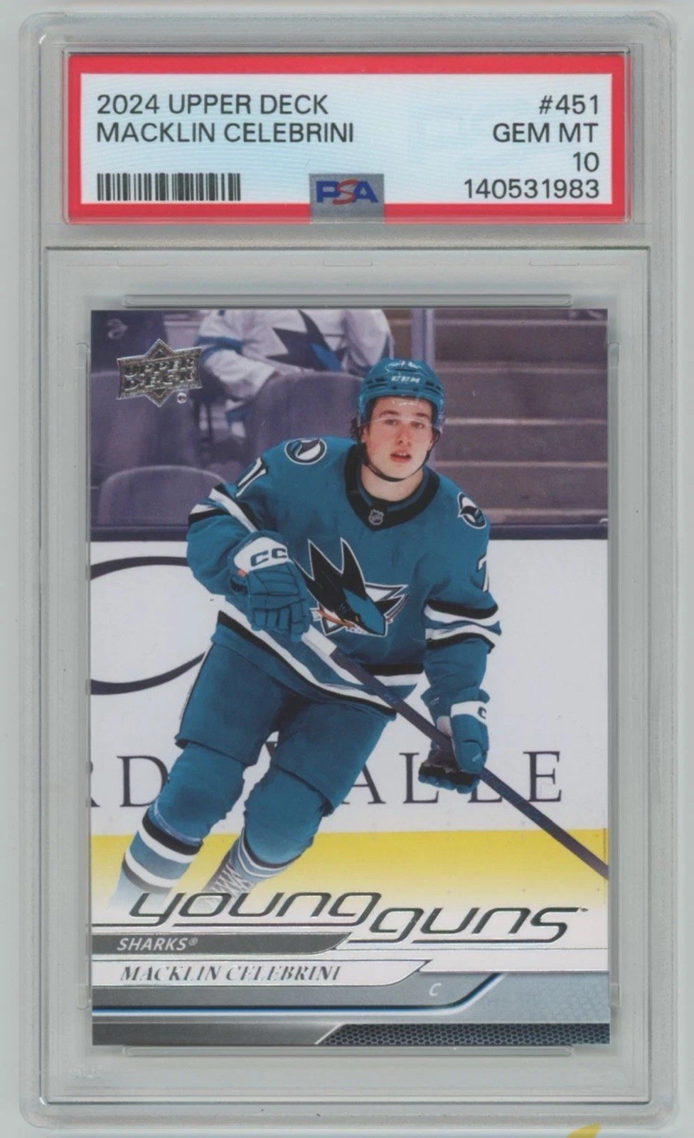 MACKLIN CELEBRINI PSA 10 2024 UPPER DECK UD #451 YOUNG GUNS RC SHARKS ROOKIE 186