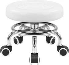 KKTONER Black Roller Seat PU Leather Rolling Stools with Compact, White 
