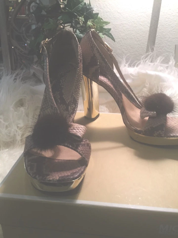 MICHAEL KORS PIEL DE SERPIENTE PRINCESA PLATAFORMA MARRÓN BEIGE BLOQUE TACÓN CON BOLA DE PIEL ACCE Foto 3 de 4