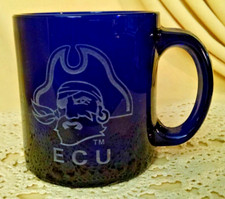 EAST CAROLINA UNIVERSITY MUG COBALT BLUE GLASS ECU PIRATE PEEDEE ETCHED USA CUP.