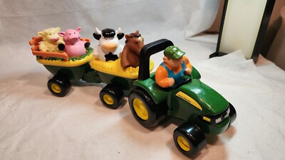 Tomy John Deere Tractor Wagon Farmer and Animals Sounds Horse Cow Pig Sheep   B