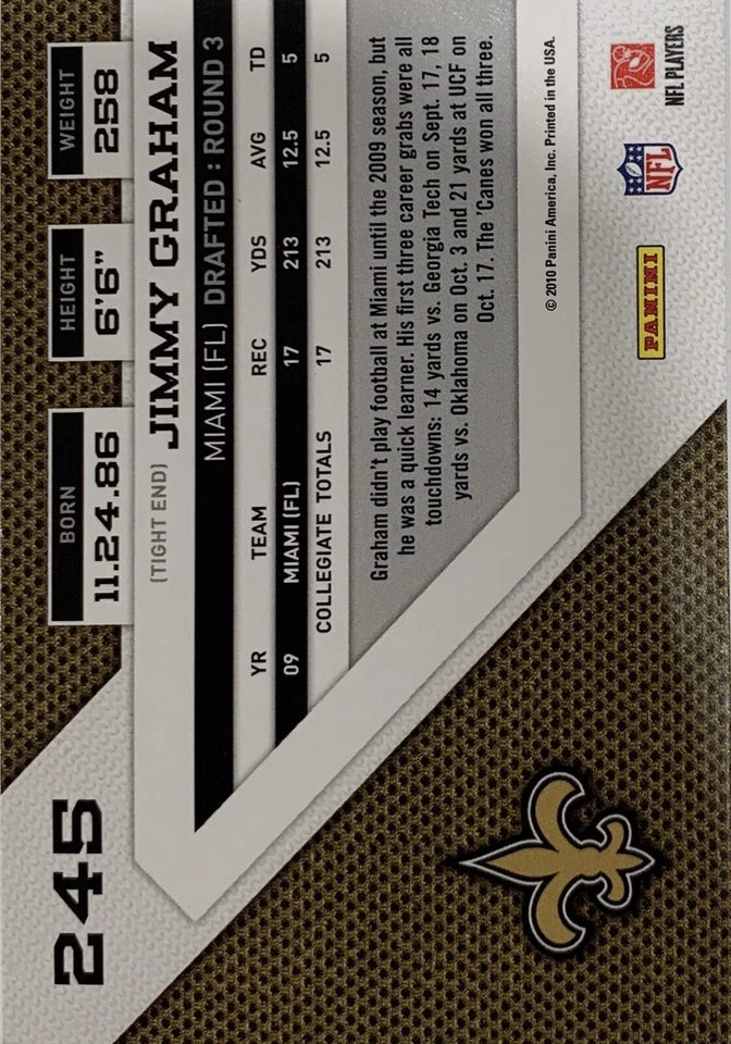 2010 Panini Threads Jimmy Graham Rookie Card RC #245 New Orleans Saints NMMT - Image 2 of 2