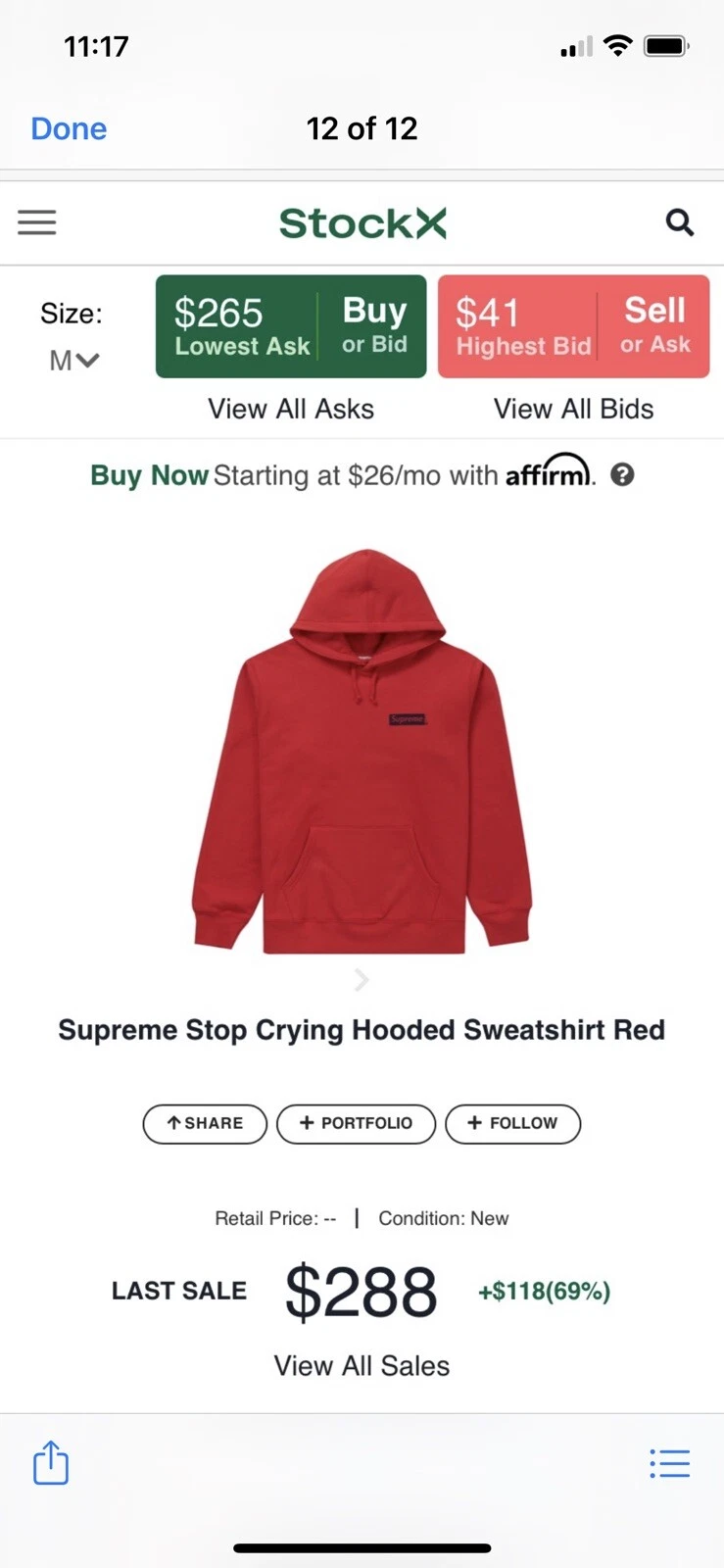 Sweat à capuche rouge SUPREME Stop Crying DS taille : M