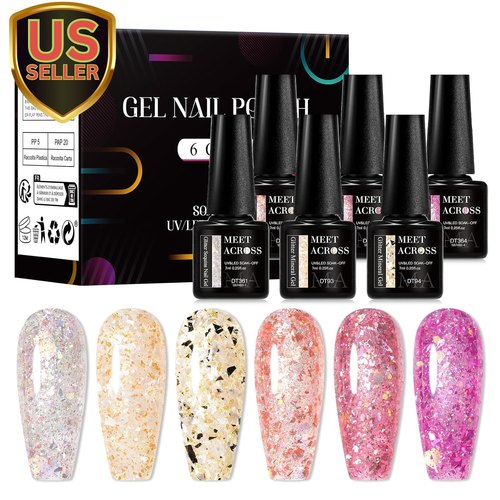 Gel Nail Polish Set 6 Pcs Glitter Colors Gel Nail Kit Art Design Soak off UV LED