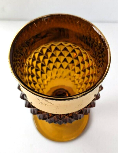 4 Indiana Glass Amber Diamond Point Water Wine Glass Wide Gold Rim 6.5"x3.5/8" - Picture 4 of 12